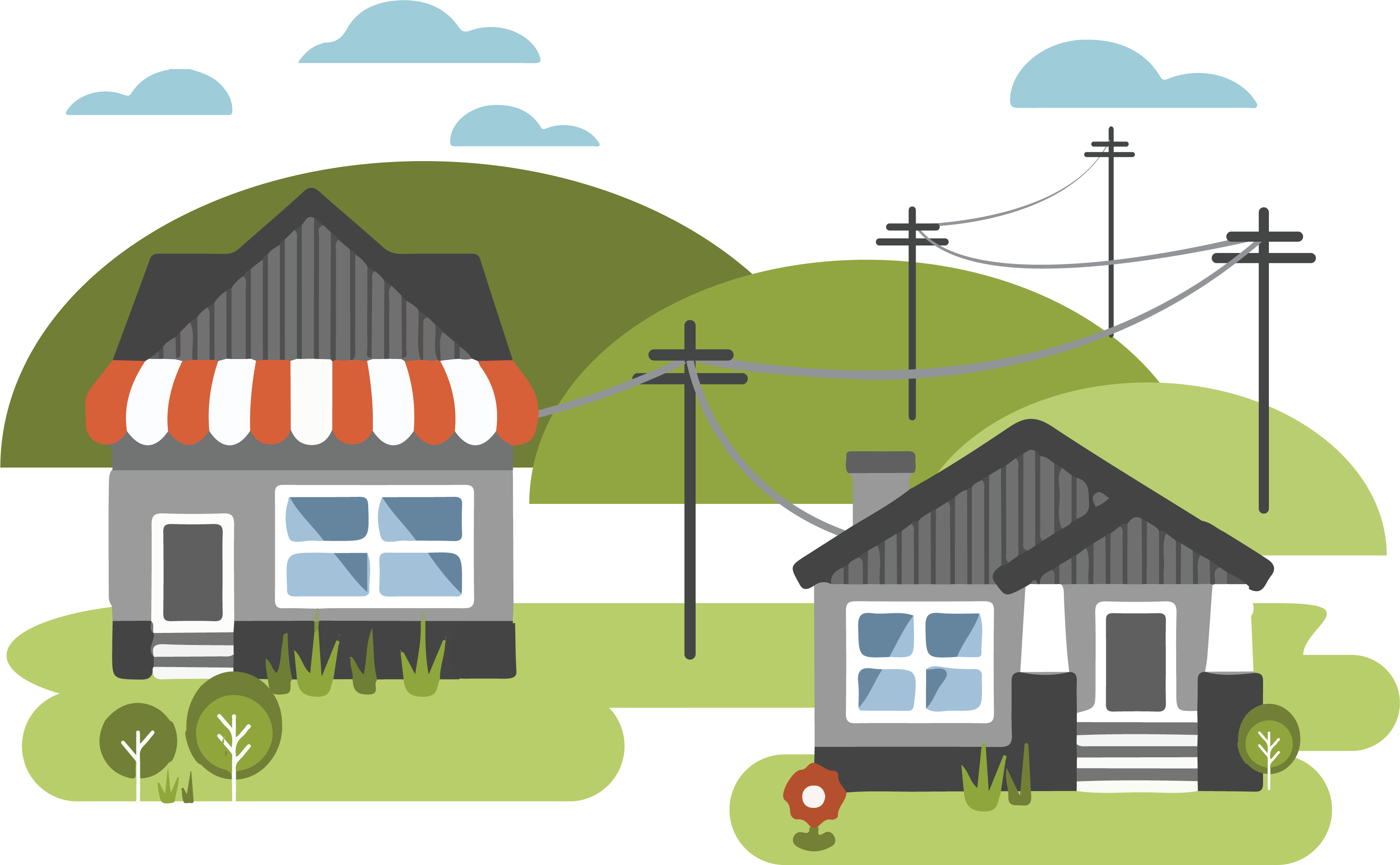 A graphic of a house and a business with utility poles behind them